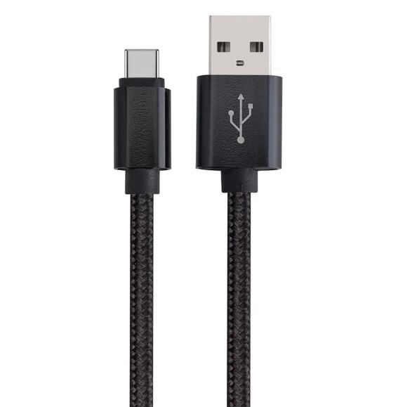USB-A to USB-C Data Charging Cable, Metal Plug with Mesh Jacket, Black