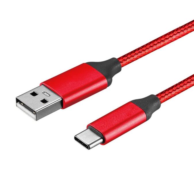 USB-A to USB-C Data Charging Cable, Metal Plug with Mesh Jacket, Red